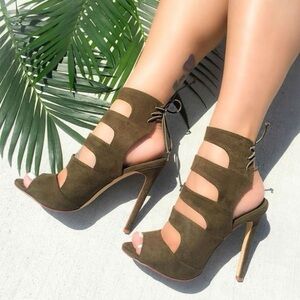 Chic Suede Lace-Up Heels in Olive